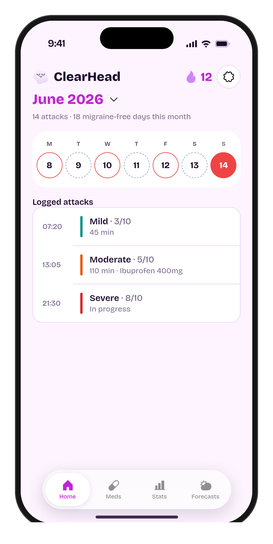 ClearHead calendar with attack history