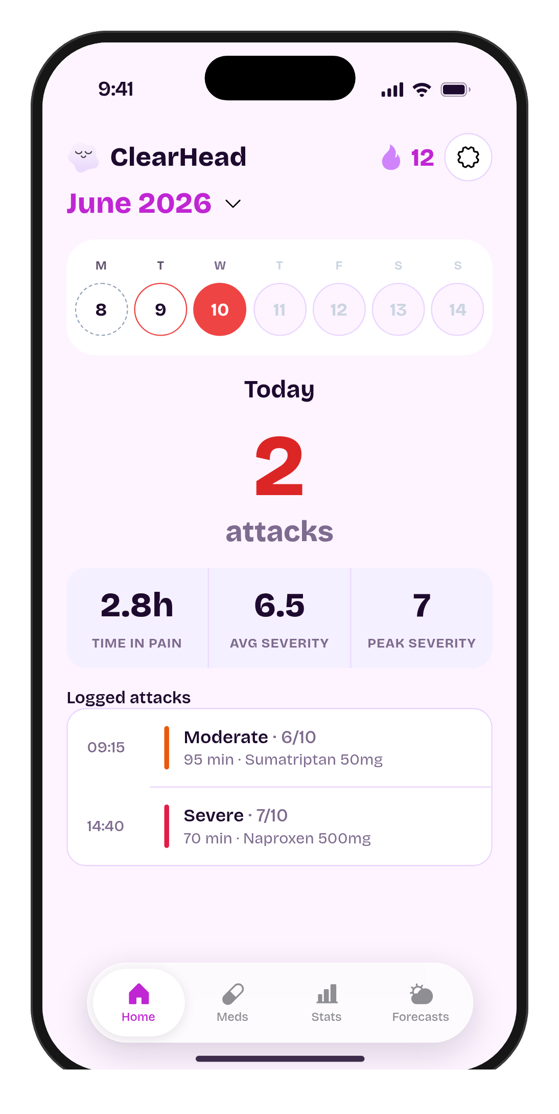 ClearHead home screen with daily attack log
